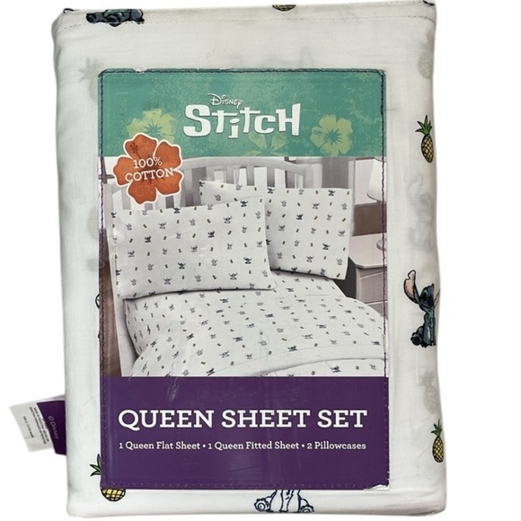 🆕 Disney Lilo And Stitch Queen Sheet Set 100% Cotton White w/Stitch & Pineapples - Picture 3 of 6